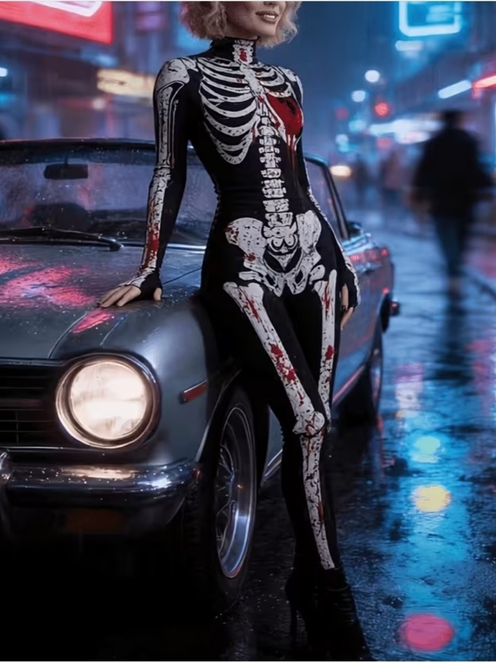 NWT Womens Skeleton Blood SPLASH Long Sleeve Jumpsuit.